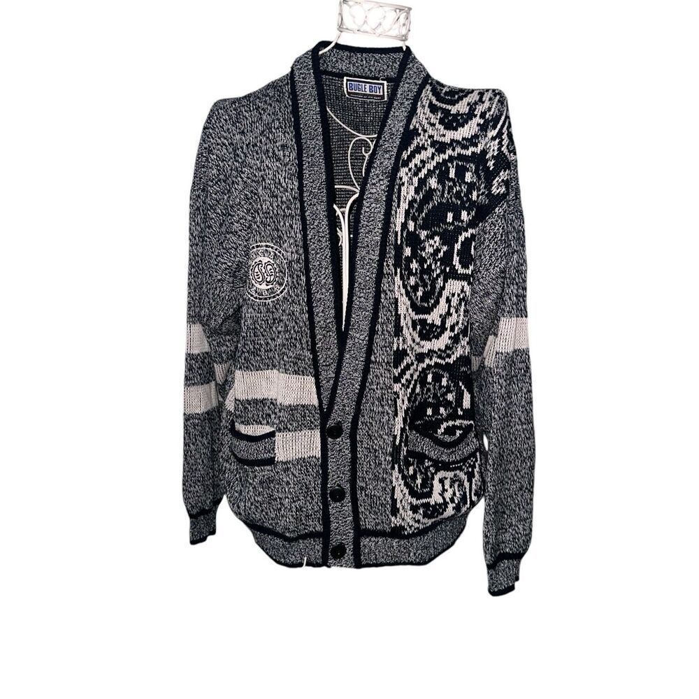 NICE VINTAGE 80s Bugle Boy University Gray Black Cardigan Sweater Mens SIZE Larg